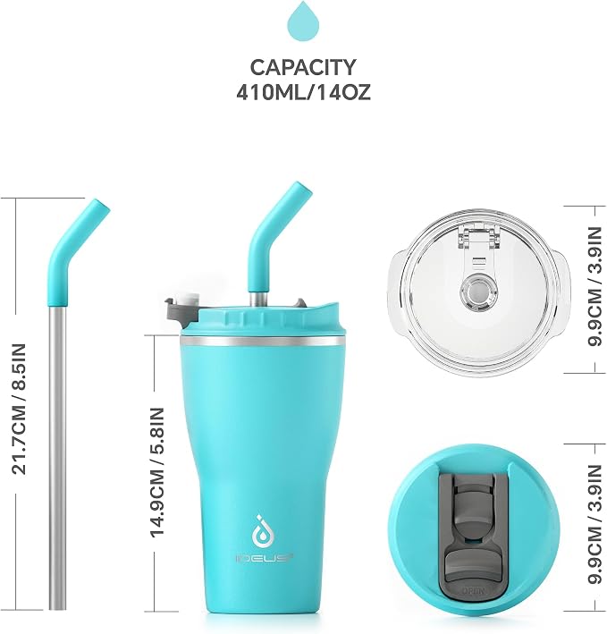 IDEUS Insulated Tumbler with Lid and Straw 14 oz, Stainless Steel Double-Wall Vacuum Leak-Proof Travel Coffee Mug, Cup Holder Friendly, Sky Blue