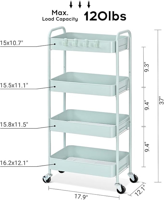 TOOLF 4-Tier Rolling Cart - Metal Storage Organizer with Lockable Wheels, 44 lbs Per Shelf Capacity, Tool-Free Assembly, for Kitchen Bathroom Office Laundry Room Nursery, Green