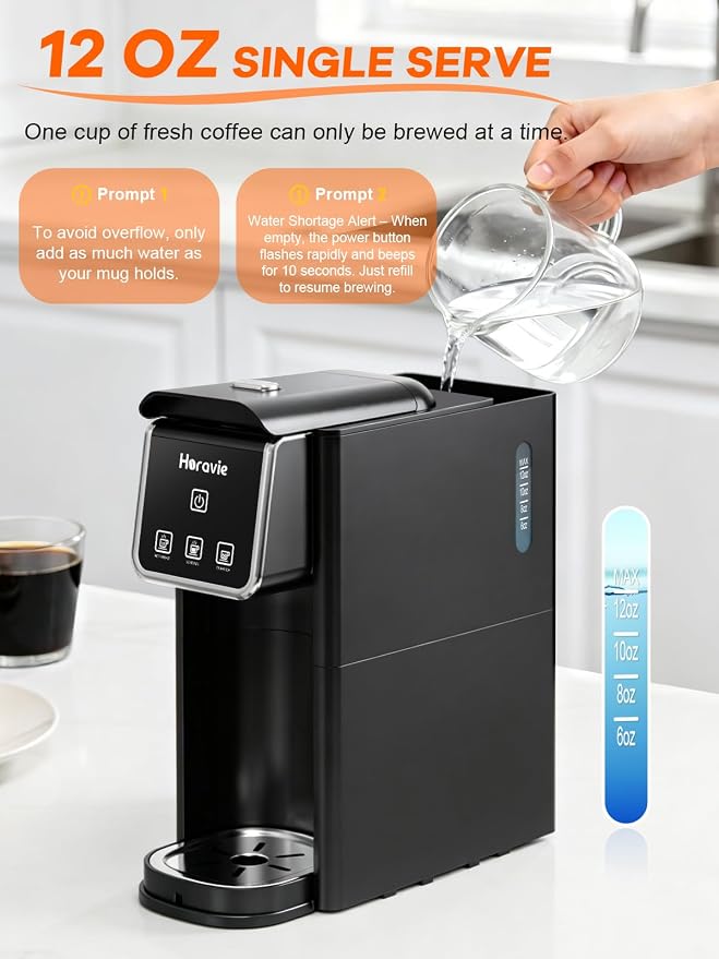 Horavie Single Serve Coffee Maker, Hot & Iced Coffee Maker for K-Pod and Grounds, Strong Brew Setting, 6-12 oz Brew Sizes One Cup Coffee Machine, Black