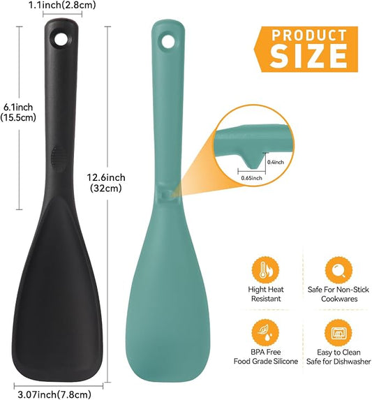 12.6" Extra Long Silicone Spatula Spoon for Nonstick Cookware, Seamless One-Piece Design Cooking Spoon with Built-in Tool Rest for Mixing, Scoop and Scrape, Dishwasher Safe, Black & Aqua Sky