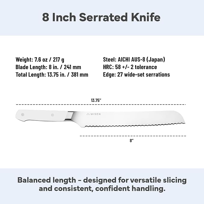 Misen Serrated Bread Knife – High-Carbon Japanese AUS8 Steel – Effortless Slicing of Bread, Pastries, and Fruits – Razor-Sharp Edge and Durable Blade with Ergonomic Handle - 8", White