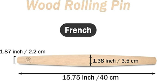 French Rolling Pin for Baking Pasta Pizza Bread, Natural Beech Wood Dough Roller(15.75 Inches)