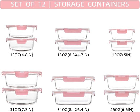FAWLES 12 Pack Glass Storage Containers with Lids, Leak-Proof Meal Prep Containers, Dishwasher/Microwave/Oven/Freezer Safe Glass Food Storage Containers for Leftovers, to Go
