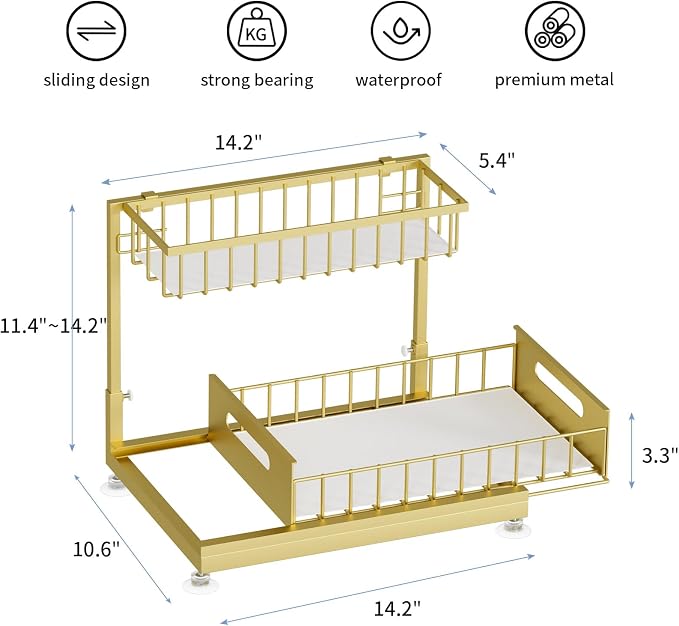 Saydear Under Sink Organizer Storage 2-Tier Premium Metal Pull-Out Kitchen Cabinet Organizer with Sliding Drawer, Height Adjustable, Heavy Duty for Kitchen & Bathroom Organizers 1 Pack Gold