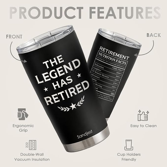 SANDJEST Retirement Tumbler 20oz, Stainless Steel Travel Cup with Lid, The Legend Has Retired Insulated Coffee Mug, Retirement Gifts for Men Coworkers Boss Friends on Birthday Christmas Farewell