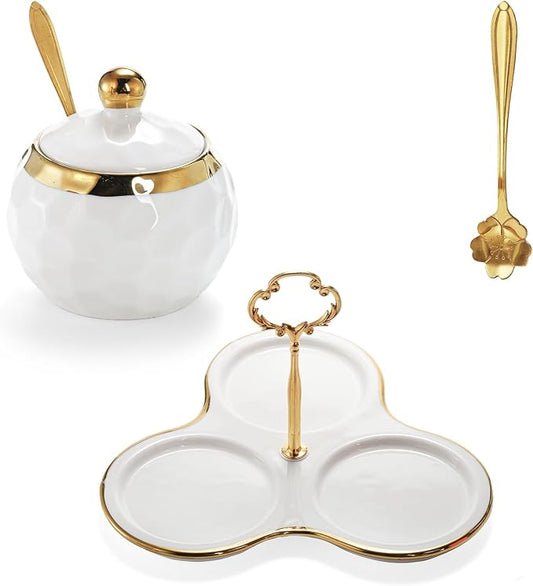 Foraineam Porcelain Condiment Pot Sugar Bowl Spice Jars with Lid, Spoon and Tray, Salt Container Spice Box Seasoning Pots, White Sugar Salt Bowls Set for Kitchen, Restaurant, Coffee Bar, Set of 3