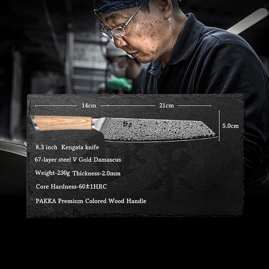DONGSUN 8 Inch Damascus Kiritsuke Chef Knife with North American Black Walnut Sheath, Professional K-Tip Japanese Kitchen Knife 67-Layer VG10 Forged Steel, Durable Sharpness