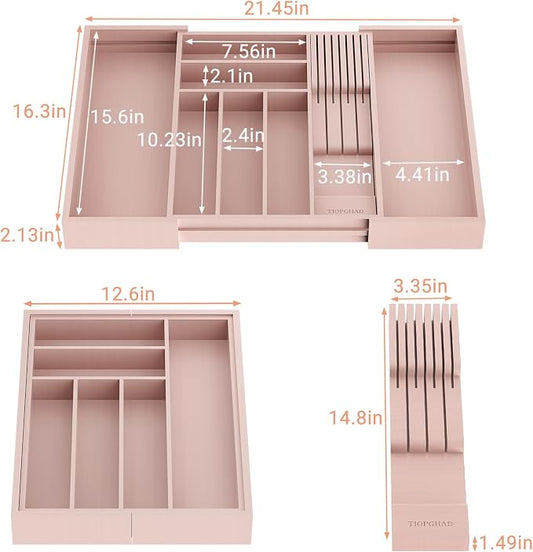 TIOPGHAD Bamboo-Silverware-Drawer-Organizer-Kitchen, Expandable Utensil Holder Cutlery Tray Flatware Organization Adjustable Wood Tableware Dividers Storage (with Removable Knife Block)(Grey Pink)