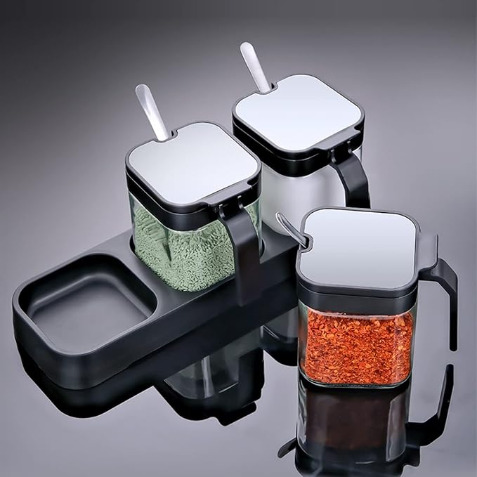 Clear Glass Condiment Canisters Pots, 8 oz Condiment Jar Spice Container with 304 Stainless Steel Lids and Spoons, Glass Seasoning Box Set of 3 Spice Jars Salt Container Sugar Bowl for Kitchen(Black)