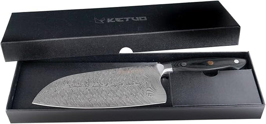 Ketuo Professional Chef Knife Damascus Carbon Steel with Laser Pattern Blade and Black Pakka Wood (7 Inch Cleaver Knife)