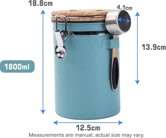 Airtight Coffee Canister, 1800ml Stainless Steel Storage Container with Date Tracker, Breather Valve, and Measuring Scoop, Blue (Blue)