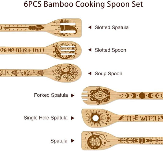 GLOBLELAND 6 Pcs Magic Divination Bamboo Cooking Utensils Wooden Engraved Cooking Spoons Set Carving Kitchen Bamboo Spatula Set for Women and Men Wood Cooking Spoon for Kitchen Fun House Warming Gift
