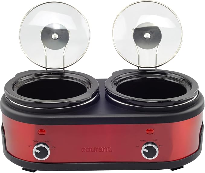 Courant 3.2-Quart Double Slow Cooker (1.6-Qt each) w/Warm Settings, Stainproof Stoneware Pots and Glass Lids – Red Stainless Steel