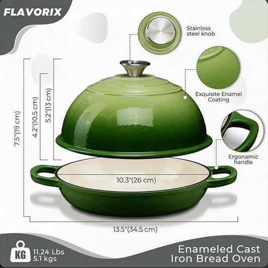 Cast Iron Bread Oven for Sourdough, 6Qt Bread Baking Pan with Lid, Enameled Sourdough Dutch Oven for Bread Baking, Oven Safe up to 482℉, Green