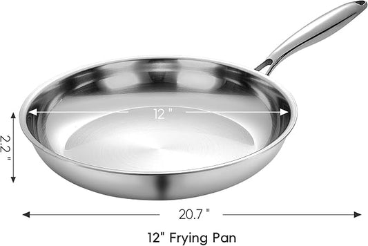 SuperCook Stainless Steel 12 Inch Tri-Ply Frying Pan, Large Frying Pan, Stainless Steel Skillets, Non-Toxic, Multiclad, Induction Oven Compatible, Dishwasher Safe