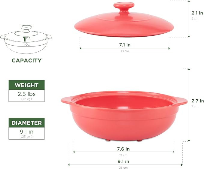 MINH LONG 1-Qt Porcelain Dutch Oven with Lid – Lead & Cadmium Free, Oven Safe to 482°F, Heat Retention, Clay Pot for Cooking on Gas & Infrared Cooktop, Use to Marinate, Cook, Bake, Refrigerate & Serve