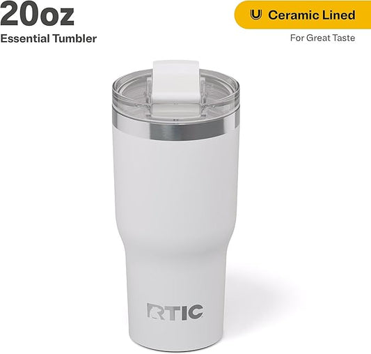 RTIC 20oz Essential Tumbler with Lid, Ceramic Lined, Insulated, Stainless Steel, Metal, Double Wall Vacuum-Insulation, Travel Cup for Iced Coffee, Tea, Hot and Cold Drink, White