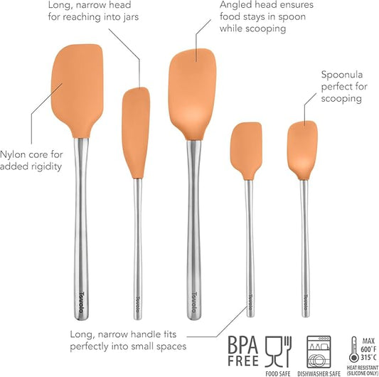 Tovolo Stainless Steel Handled Silicone Spatula Set of 5, Dishwasher Safe Kitchen Spatula Set for Cooking Baking, BPA Free Silicone Spatula set with Metal Steel Handle, Apricot Orange