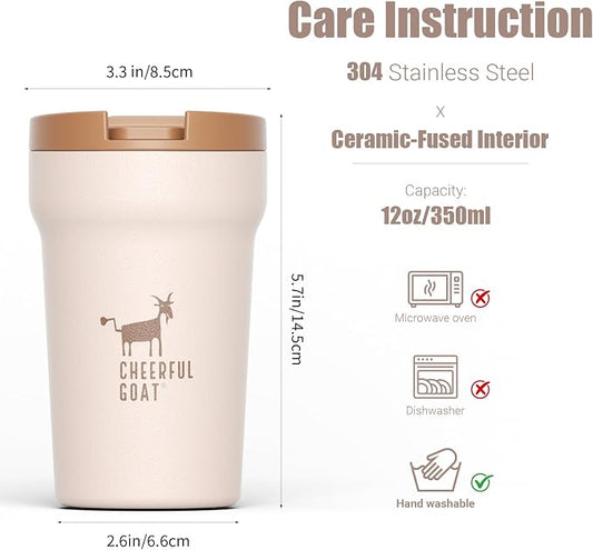 CHEERFUL GOAT Ceramic Lined Coffee Mug – Stainless Steel Travel insulated Tumbler with Ceramic Liner, with lid 12oz Leak Proof Cup for Hot and Cold Water Coffee at Home, Office, or In the Car (Coffee)