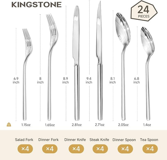 KINGSTONE 24-Piece Silverware Set with Steak Knives, Flatware Set for 4, Stainless Steel Tableware Cutlery Set for Home Restaurant, Mirror Finish,Modern Design
