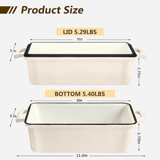 Wildone 2 in 1 Enameled Cast Iron Bread Pan with Lid, 9x5 Loaf Pans for Homemade Sourdough Bread, Cake, Meatloaf, Even Heating Bread Dutch Oven, Cream White