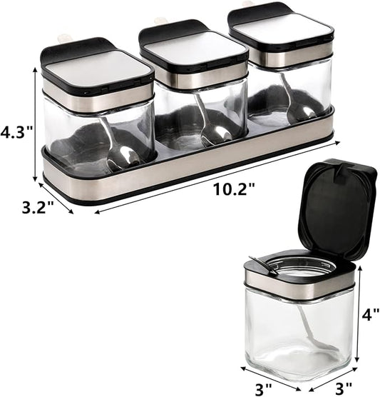 DEAYOU 3 Pack Glass Seasoning Box with Tray, Clear Condiment Canister with 18/10 Stainless Steel Lid and Spoon, Kitchen Spice Pot with Base, Salt Pepper Sugar Storage Container Jar Cruet for Desk