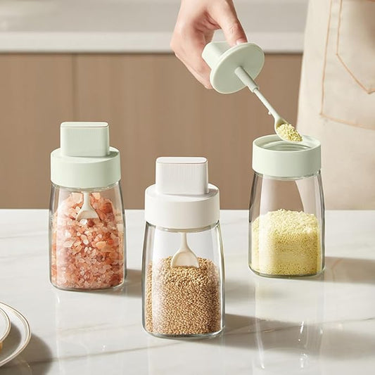 LOYUYU Kitchen Sodium Calcium Glass Spice Jars Seasonning Box Set of 1, Condiment Pots Spice Jars, Retractable Spoon and Lid Combination Design, Airtight Cap 9.7oz Green