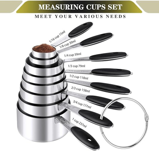 Measuring Cups & Spoons Set of 16, BOBIPRO Stainless Steel 8 Nesting Measure Cups Set & 7 double-sided Magnetic Measuring Spoons Set & 1 Leveler for Dry and Liquid Ingredient
