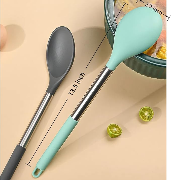 Silicone Solid Cooking Spoon Set (13.2"), 3-Pack Large Stainless Steel Handle Non Stick Server Spoon Heat Resistant 600°F, Metal Basting Spoon, Kitchen Utensils for Mixing Serving