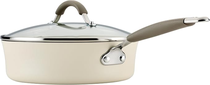 Rachael Ray Cucina Ceramic Nonstick Saute Pan with Lid, 3 Quart Non Stick Sauteuse Pan, Dishwasher Safe - Almond