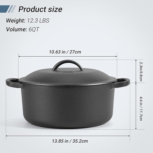 Northriver Casting 6 QT Basics Cast Iron Dutch Oven Pot with Lid and Dual Handles, Oven Safe up to 500°F Large Cooking Pan,Bread Oven