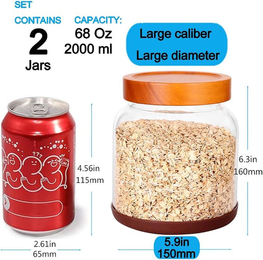 SAIOOL 2-Pack Striped Borosilicate Glass Airtight Canisters - Big mouth Large Capacity, Acacia Wood Lid, Food Storage Jars for Flour, Pasta, Pantry Organization (1/2 Gallon (Strew 2 pack))