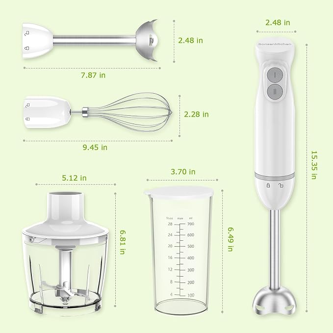 Bonsenkitchen Hand Blender, Immersion Blender with 2 Mixing Speed, 4-In-1 Handheld Stick Mixer with Egg Whisk, Beaker & Chopper Bowl for Baby Food, Soups, Smoothies, White