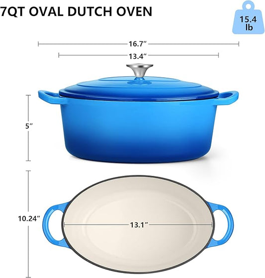 TeamFar 7QT Oval Dutch Oven, Enameled Cast Iron Dutch Oven Pot with Lid, For Bread Baking/Stewing/Braising/Frying, Suitable for Various Stoves, Non-stick & Easy Clean, Blue