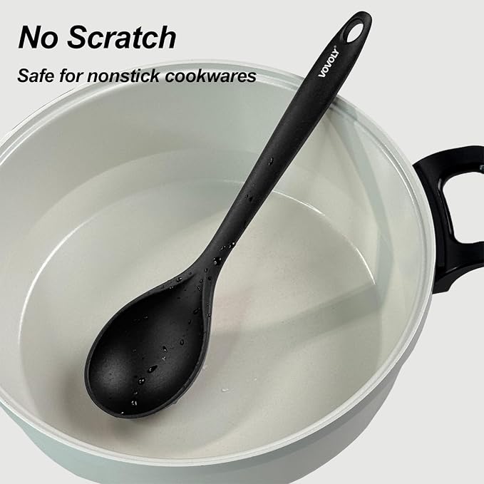 Silicone Spoons for Cooking - Kitchen Spoons for Mixing, Serving, & Stirring - 600°F Heat-Resistant Non Stick Utensils Ladle & Skimmer- Dishwasher Safe, Black,10.4IN