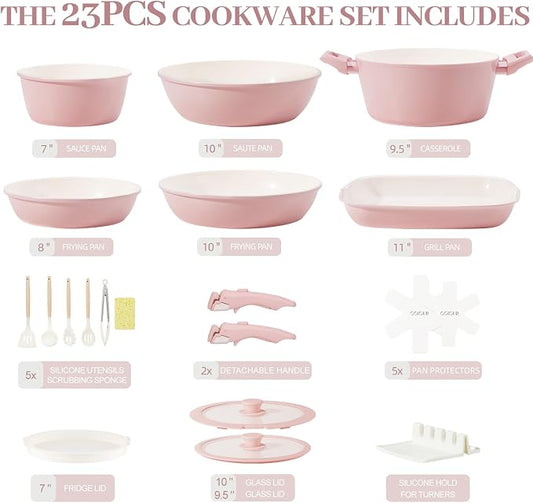 Ceramic Cookware Set Non Stick 23Pcs Pots and Pans Set Non Toxic with Detachable Handle Induction Kitchen Cookware Set Space Saving, Oven & Dishwasher Safe, Pink