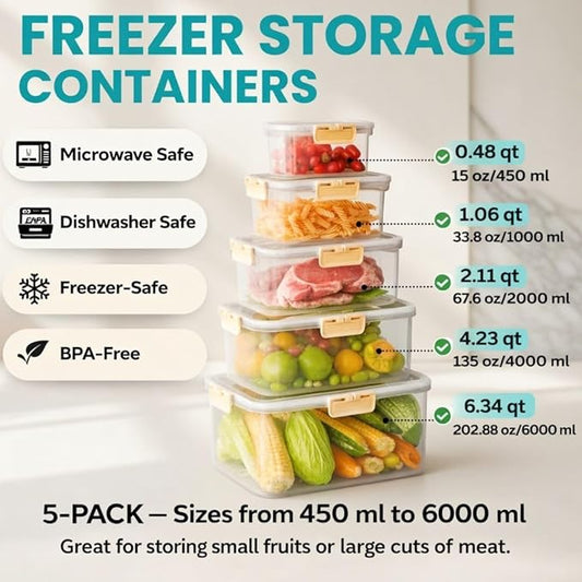 Fruit Containers for Fridge Keep Fresh, 5-Pack BPA-Free Produce Storage Containers with Removable Colander, Airtight Fridge Organizer for Berry Vegetable, Microwave & Dishwasher Safe (Cream)