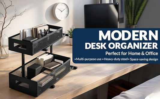 Under Sink Organizer Set of 2, Heavy Duty Matte Black Metal Cabinet Organizer with Retractable Shelves, Adjustable Height, Expandable Storage for Kitchen Bathroom and Laundry Room