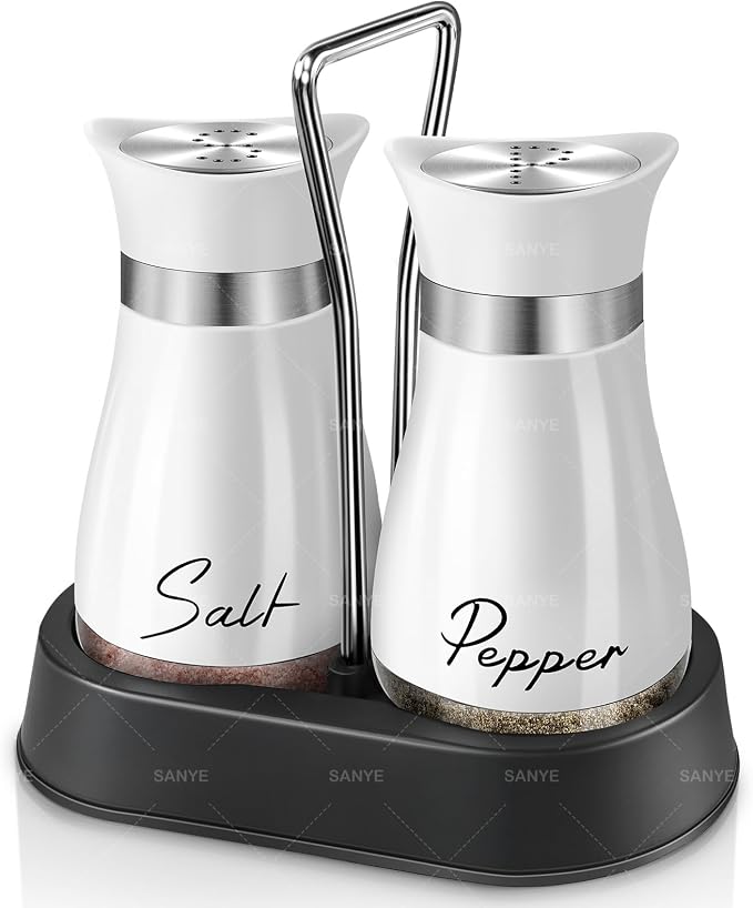 Salt and Pepper Shakers, Farmhouse Salt and Pepper Shakers Set with Holder, electroplated Handle, 4 oz Stainless Steel Glass Bottle Dispenser, for Table, RV, Camp, BBQ (White)