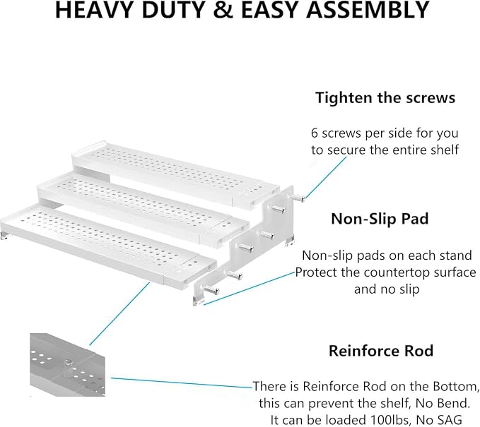 Expandable Spice Rack organizer with 3-Tier step shelf,Modern Design heavy duty,Non Skid and Visibility,Great for Kitchen Cabinet,Bathroom,dressing table,Cupboard, Pantry and more(1PACK/WHITE)