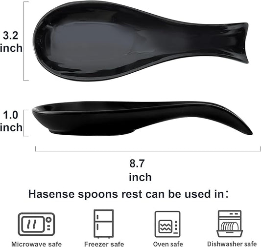 Ceramic Spoon Rest for Stove Top, Large 8.7 Inch Spoon Holder for Kitchen Counter, Porcelain Utensil Rest for Ladle, Spatula, Housewarming Gifts, Dishwasher Safe and Heat-Resistant, Black (1 PC)