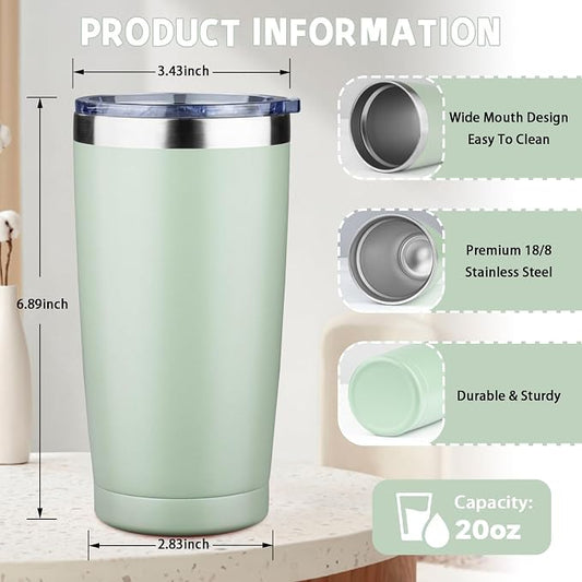 20 oz Tumbler with Lids and Straws, Stainless Steel Insulated Coffee Tumbler, Double Wall Vacuum Insulated Travel Mug Cup, Leakproof Thermal Coffee Cup for Hot and Cold Drinks (green tea)