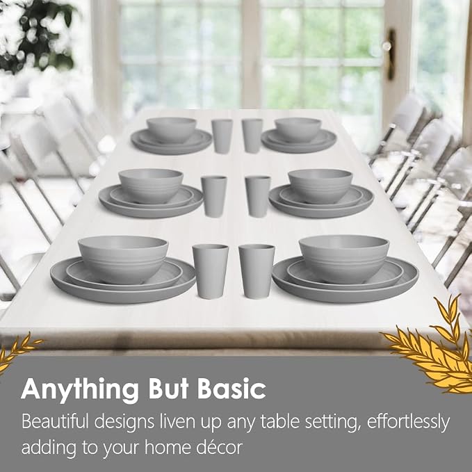 Teivio 32-Piece With Flatware Kitchen Plastic Wheat Straw Dinnerware Sets, Service for 8, Dinner Plates, Dessert Plate, Cereal Bowls, Cups, Unbreakable Plastic Outdoor Camping Dishes, Grey