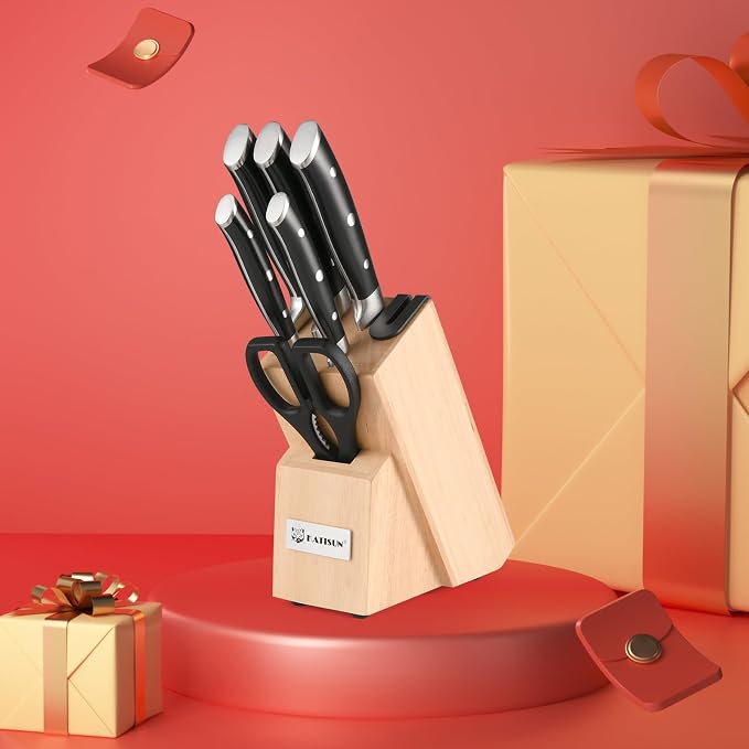 8 Piece German Stainless Steel Knife Set With Block, Ergonomic Handle Chef Knives, Sharpener and Shears for Chopping, Slicing and Cutting