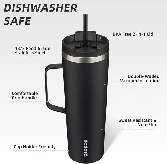 BJPKPK Insulated Tumbler with Handle, 30oz Insulated Tumblers with Lid and Straw, Stainless Steel Metal Water Bottles, Coffee Travel Mugs, Cups, Black