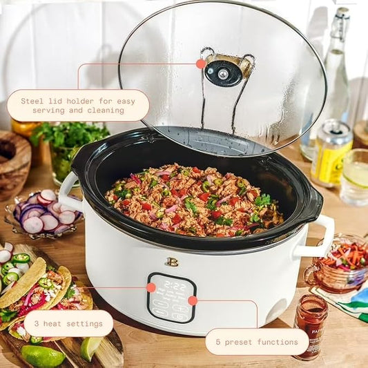 B 6 Qt Programmable Slow Cooker with Digital Timer, 5 Cooking Functions, Removable Ceramic Pot, Tempered Glass Lid, Dishwasher Safe (White Icing)
