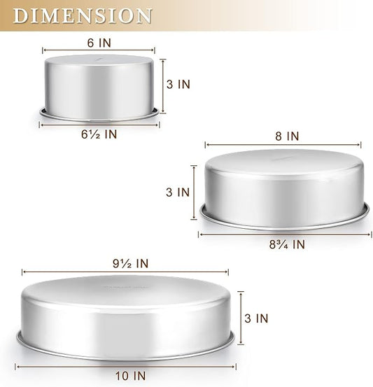 E-far Deep Cake Pan Set of 3 (6 inch/8 inch/9ยฝ inch), Stainless Steel Round Layer Cake Baking Pans, Metal Tier Cake Tins for Wedding Birthday, Leak Proof & Straight Side, Non-toxic & Dishwasher Safe