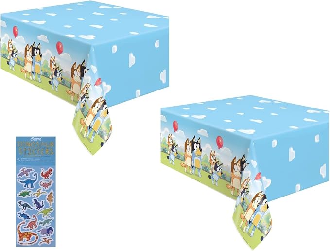 Unique Bluey Birthday Party Supplies Bundle Pack Includes 2 Plastic Table Covers and 1 Dinosaur Sticker Sheet