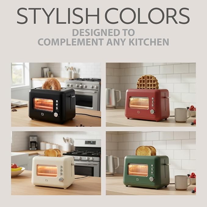 WILLOW Eco Series 2 Slice Toaster with Clear-View Window, 6 Shade Settings, 900W Retro Toaster with Extra Wide Slots + Bagel, Cancel, & Defrost Buttons, 2 Slice Toasters w Crumb Tray for Easy Cleanup