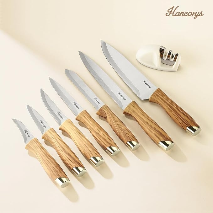 Knife Block Set, Kitchen Knife Set with Sharpener, German Stainless Steel Gold Knives Set with Block and Ergonomic Wood Grain Handle, Ultra Sharp Cooking Knives